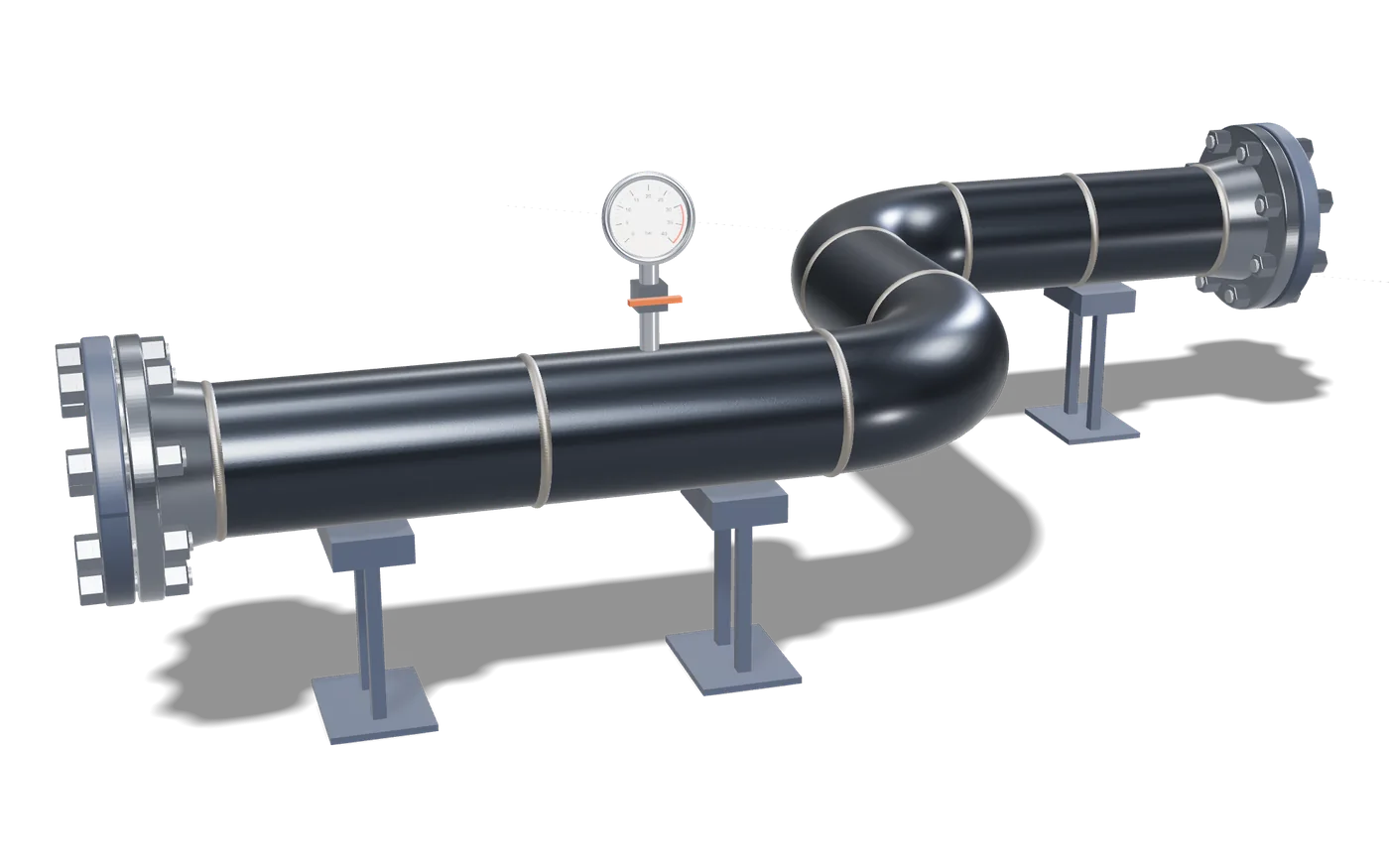 A fabricated pipe spool on test stands, with blind flanges and a pressure gauge, during a hydrotest