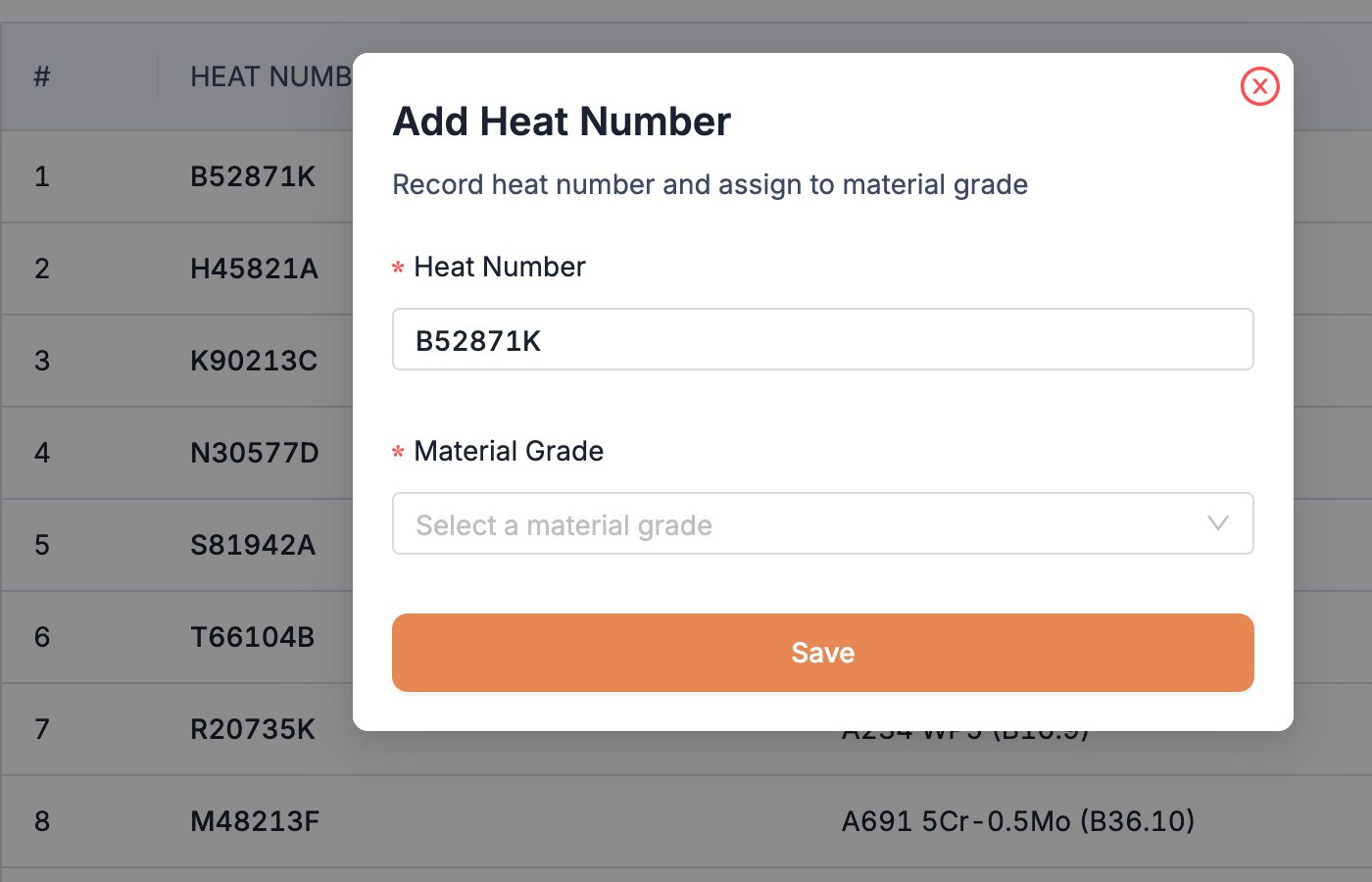Adding a heat number and assigning it to a material grade