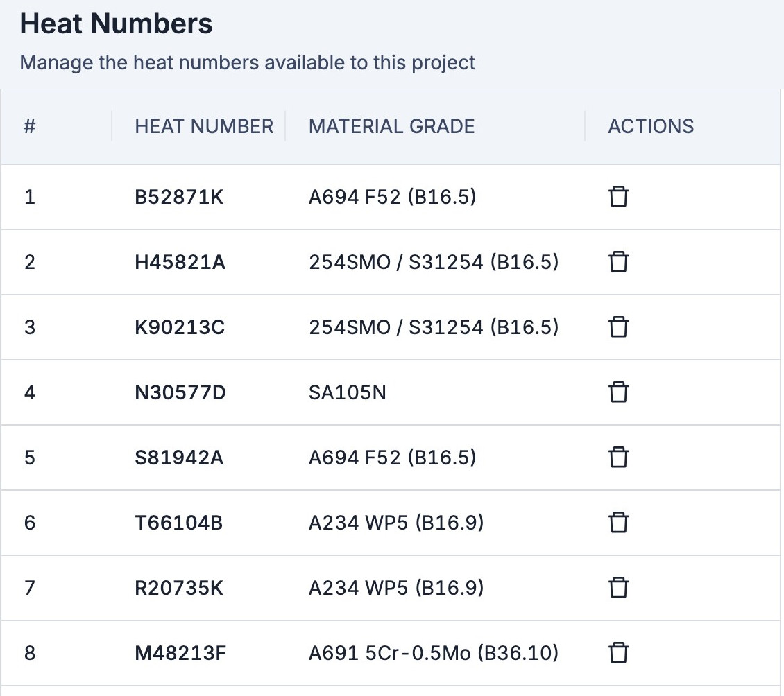 Heat Numbers: the project's heat number list, each tied to a material grade