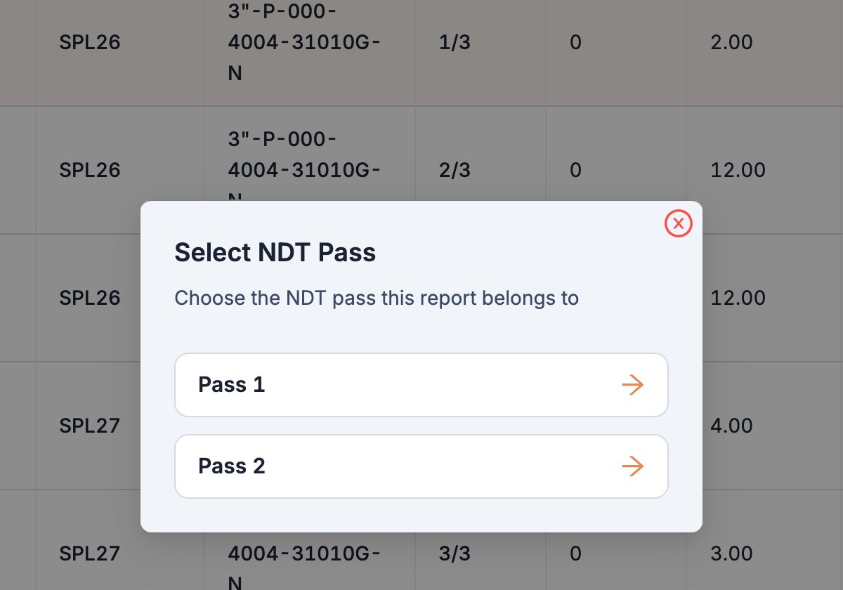 Attaching a test report: choosing NDT Pass 1 or Pass 2