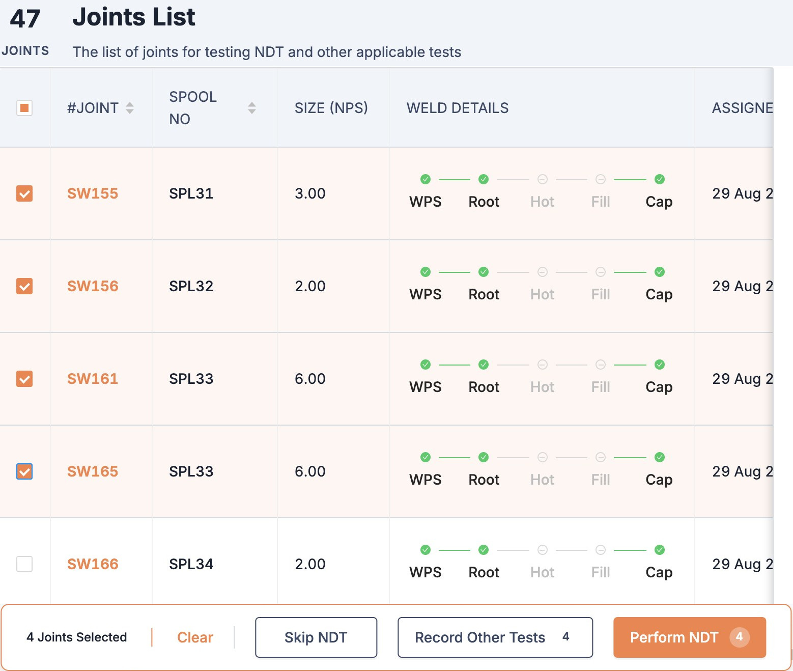 NDT joints list with weld details and bulk actions: skip NDT, record other tests, perform NDT
