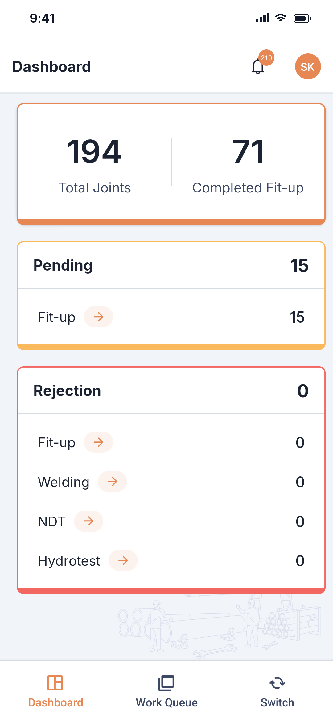Pipesurf mobile app: Fit-Up Foreman dashboard with pending fit-up and rejections