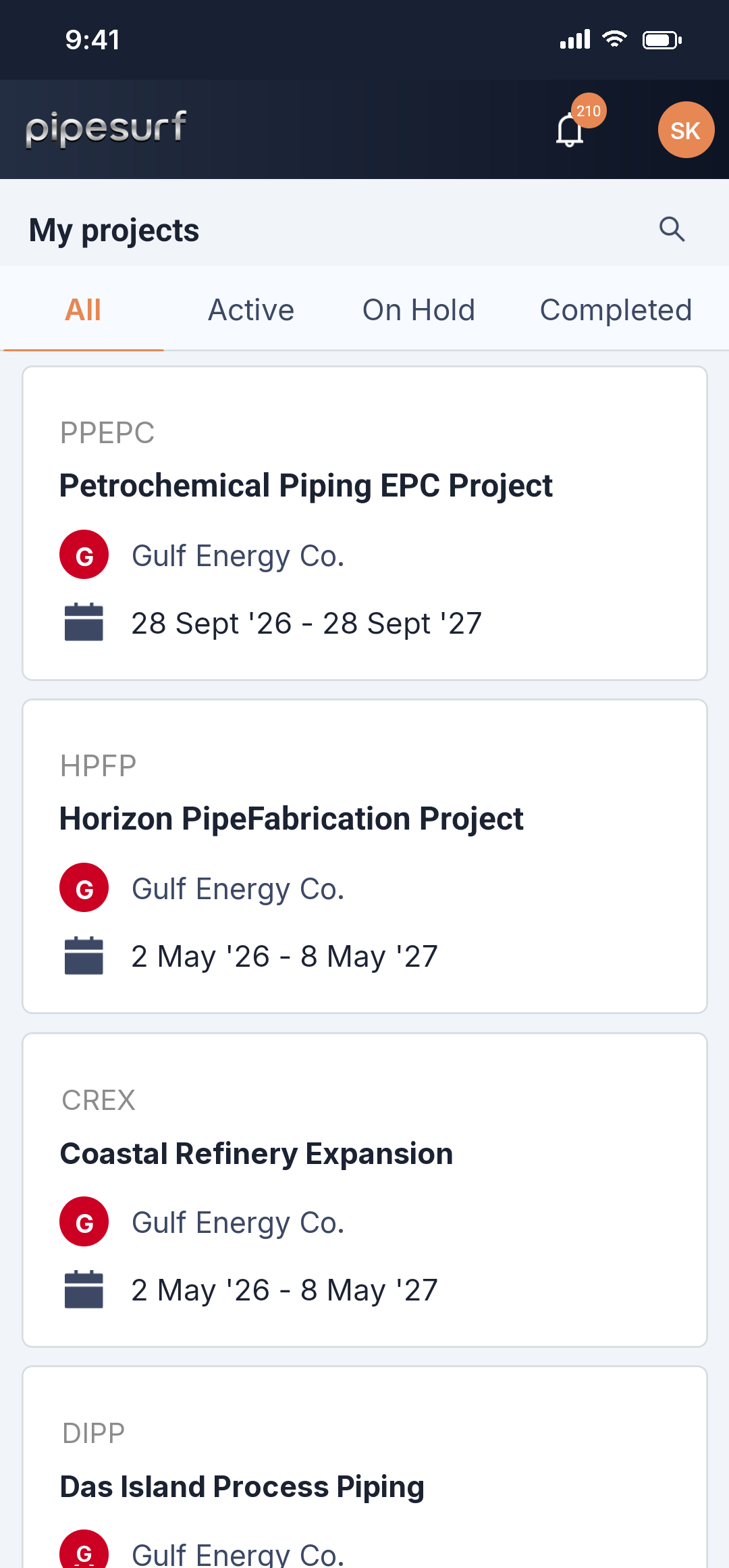 Pipesurf mobile app: the Fit-Up Foreman's project list