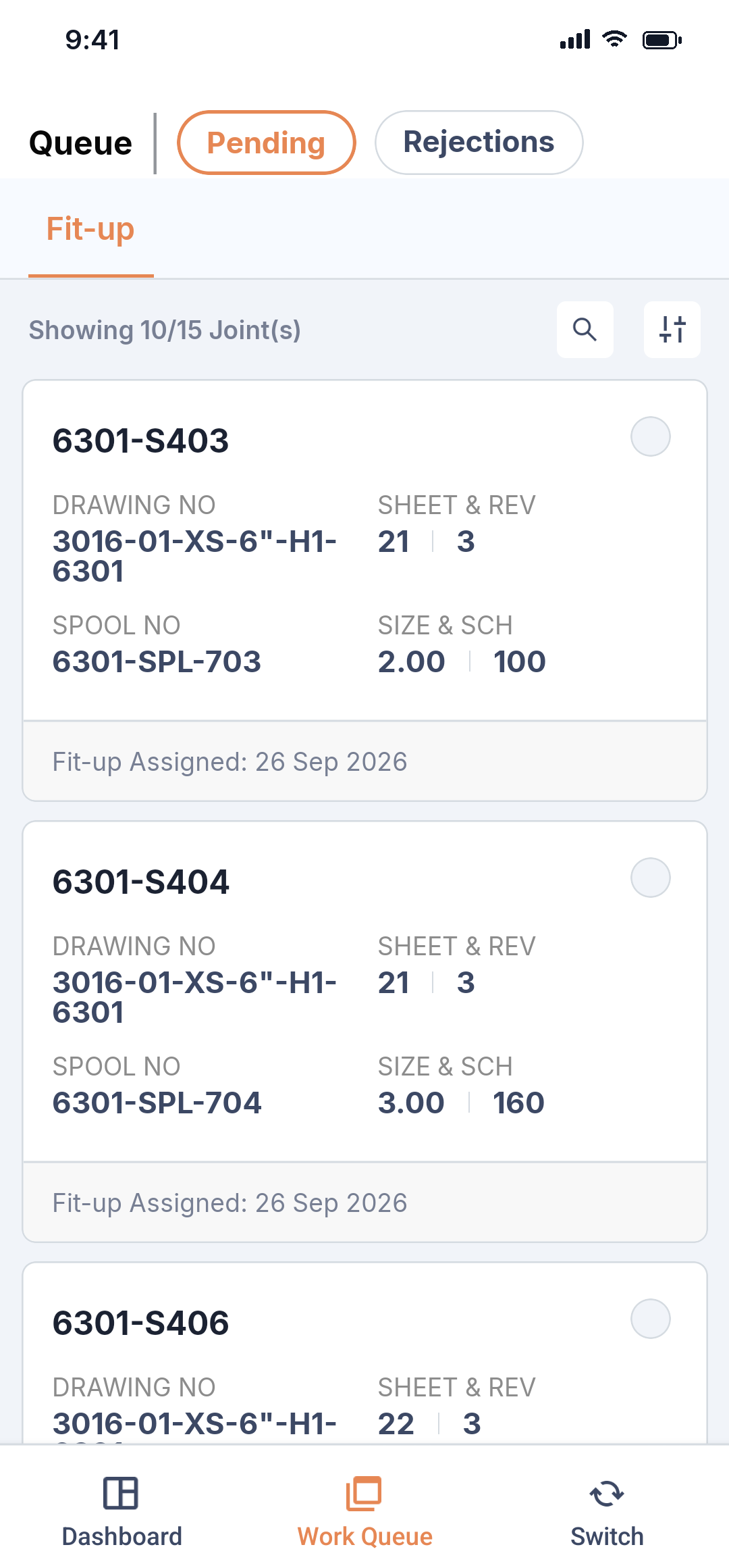 Pipesurf mobile app: the fit-up queue with the joints released to the foreman