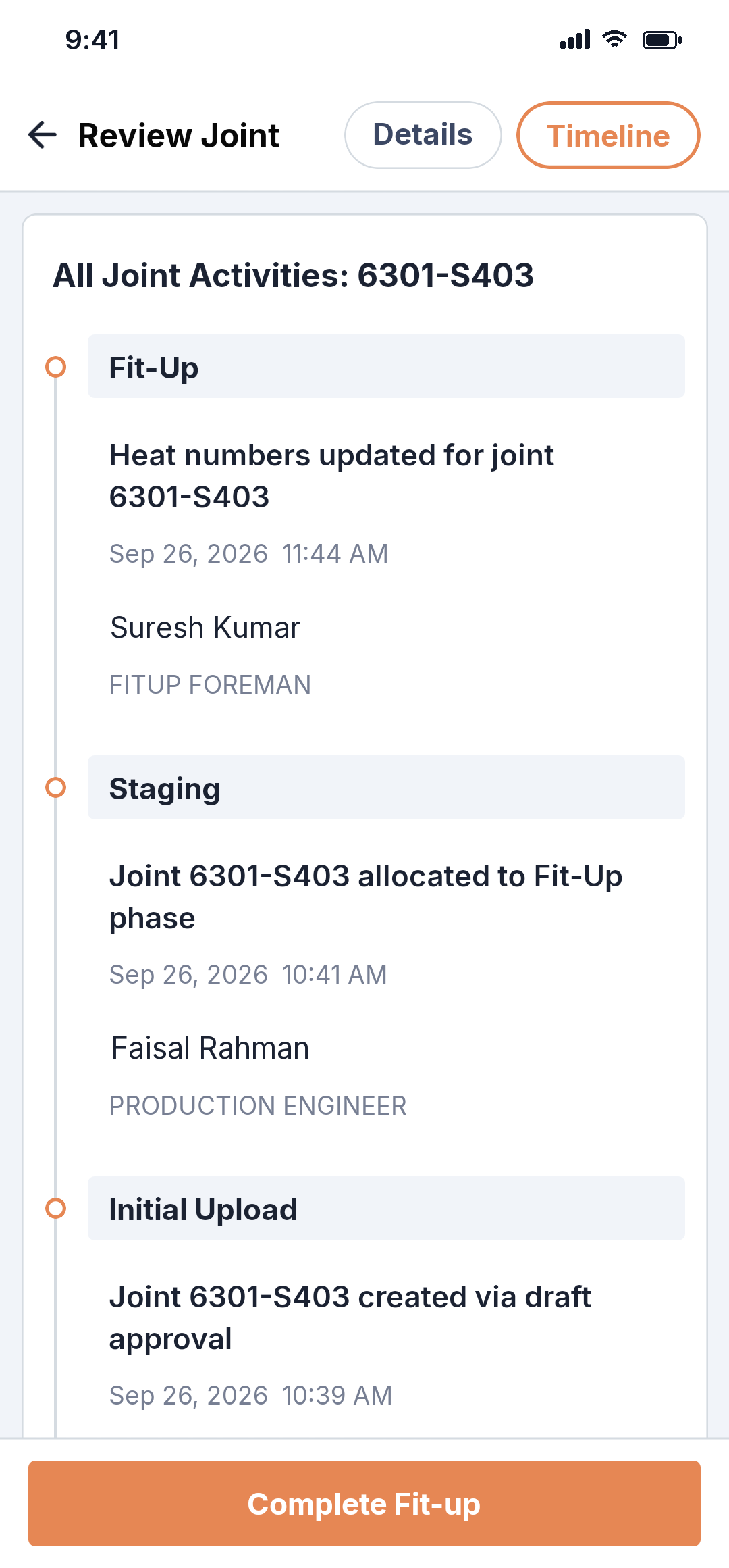 Pipesurf mobile app: the joint timeline showing who did what and when