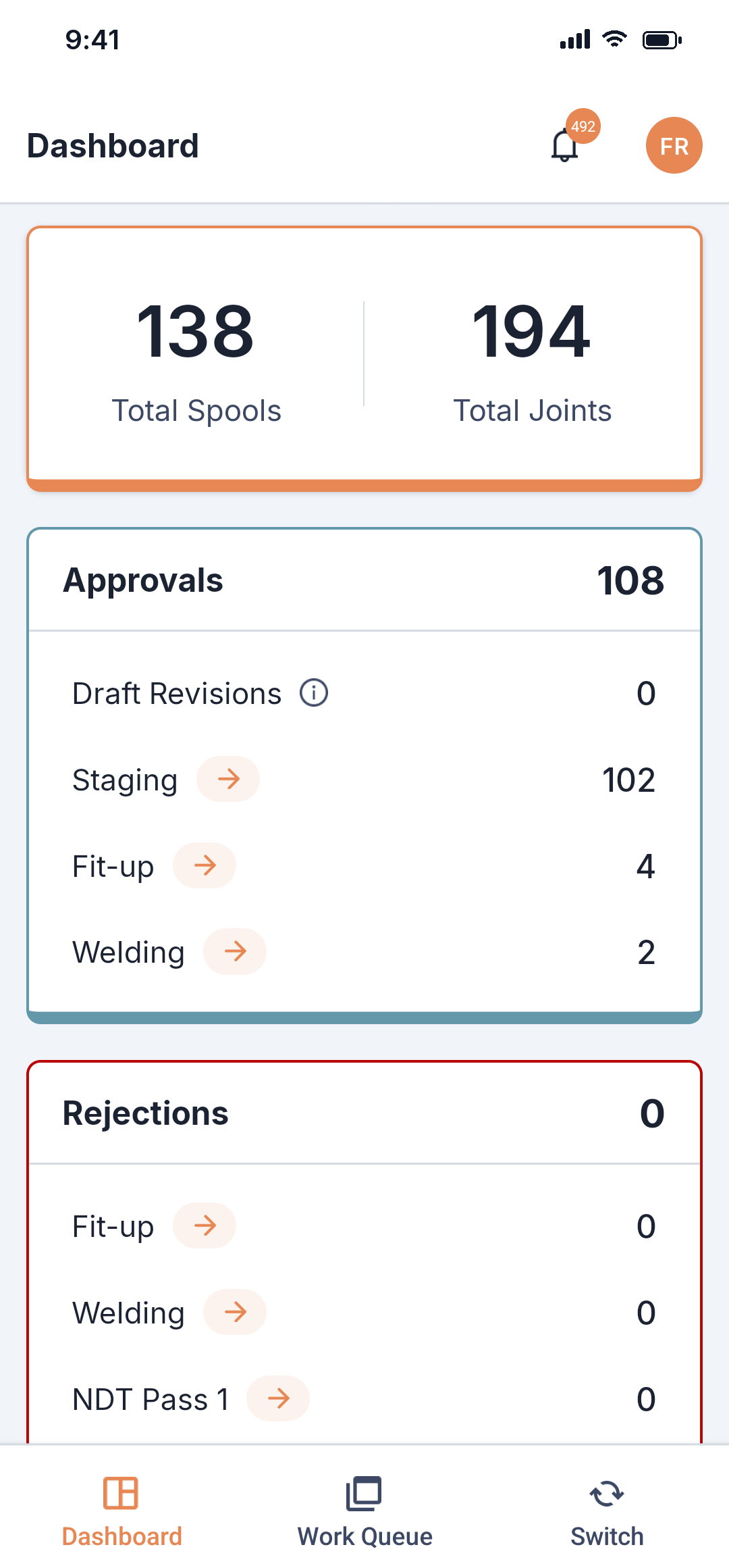 Pipesurf mobile app: Production Engineer dashboard with approvals and rejections
