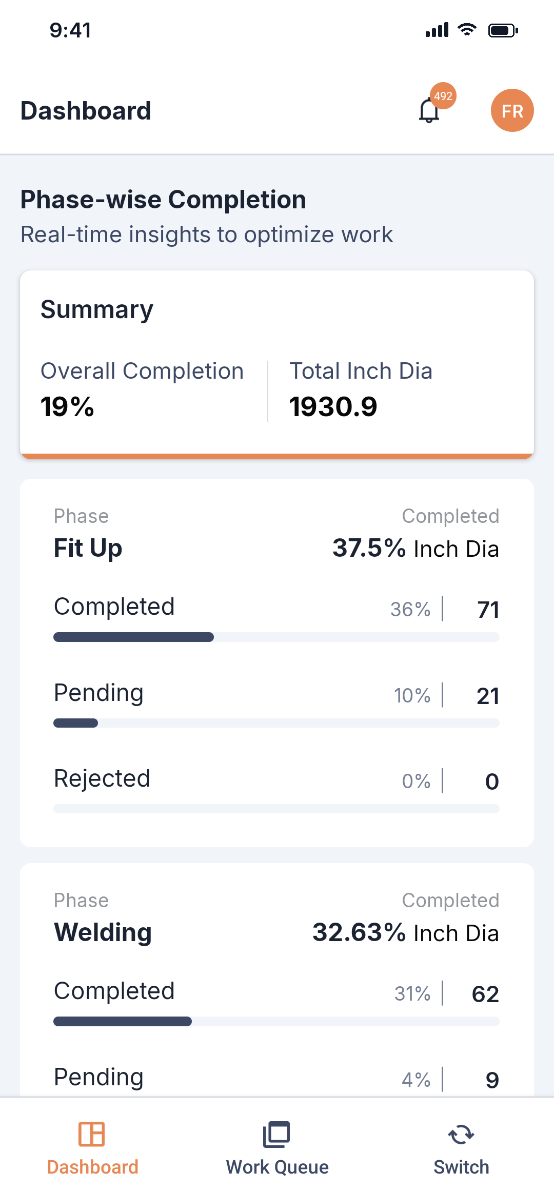 Pipesurf mobile app: phase-wise completion in inch-dia